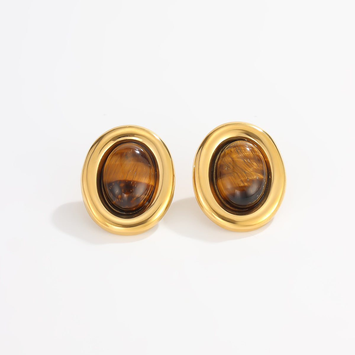 Vintage 18K Gold Plated Stainless Steel Oval Tiger Eye Stud Earrings for Women