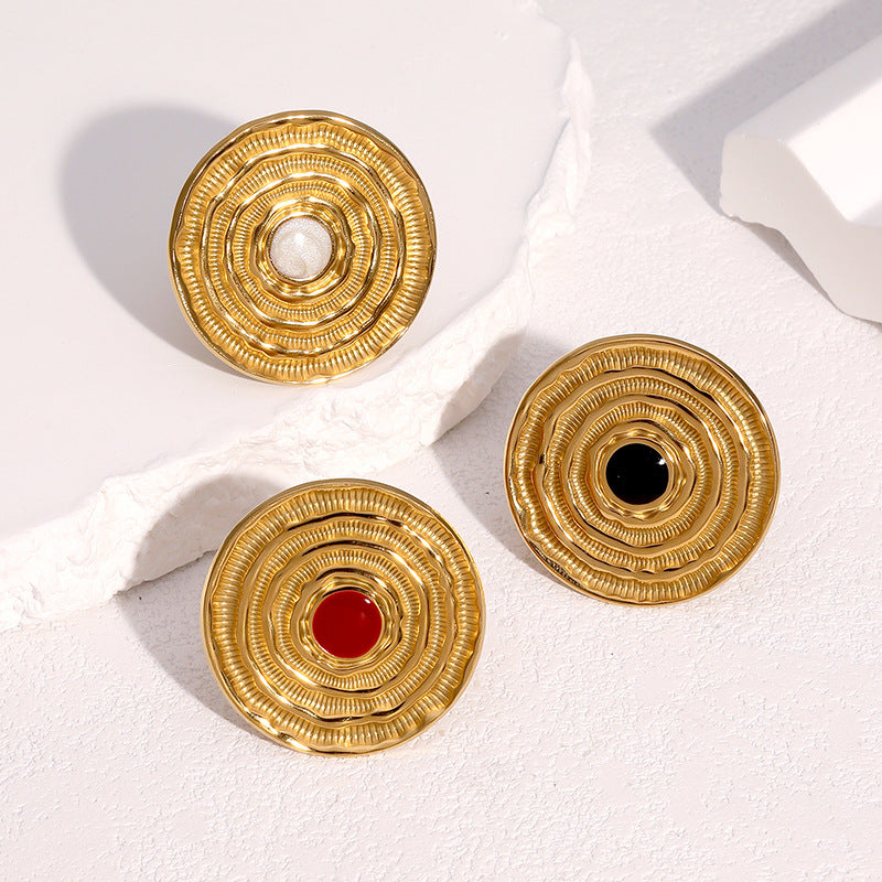 Anello aperto minimalista geometrico in acciaio inossidabile da donna con placcatura in oro 18K e design a disco testurizzato