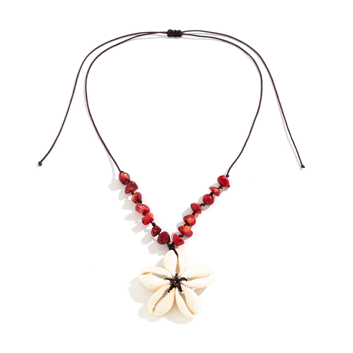 Collana regolabile in stile etnico con conchiglia e ciondolo a fiore con dettagli turchesi da donna