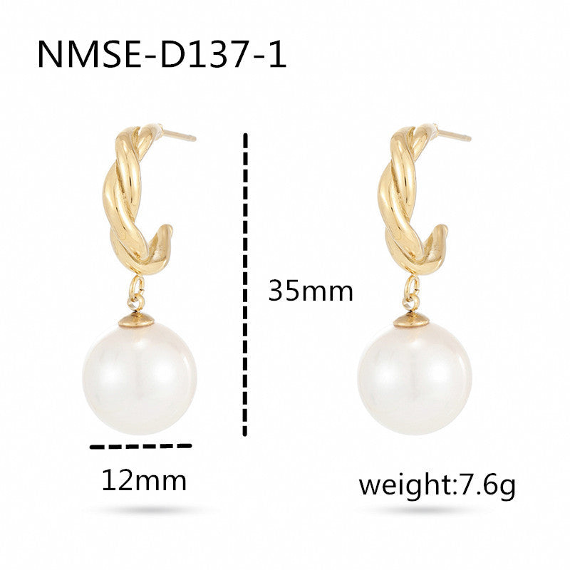 Aretes elegantes minimalistas con forma de perla de acero de titanio para mujer con chapado al vacío de oro de 18 quilates