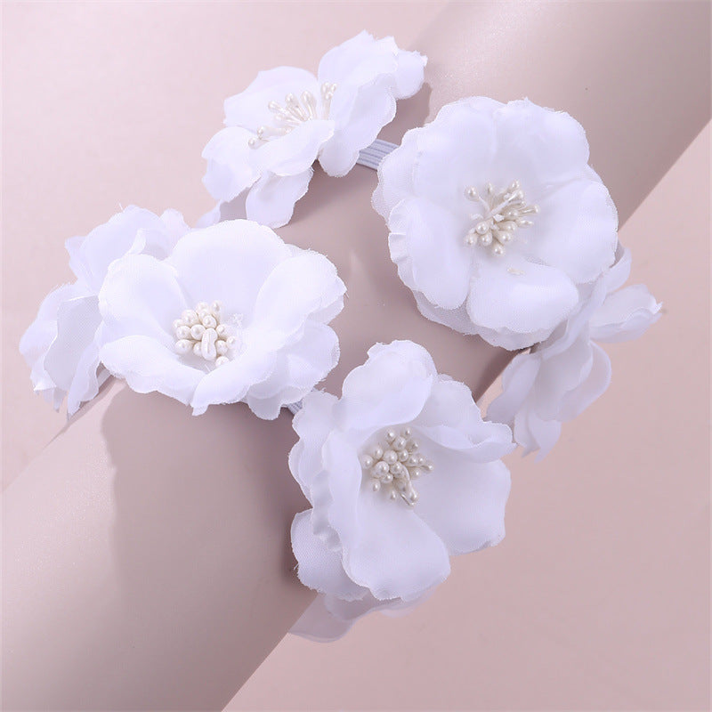 Cute Floral Hair Tie with Pink Flowers and White Daisy Design, Minimalist Pearl-Embellished Fabric Hairband for Kids