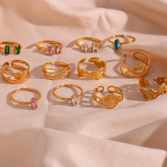 Minimalist Geometric Stainless Steel Ring with 18K Gold Plating and Zircon Inlay for Women