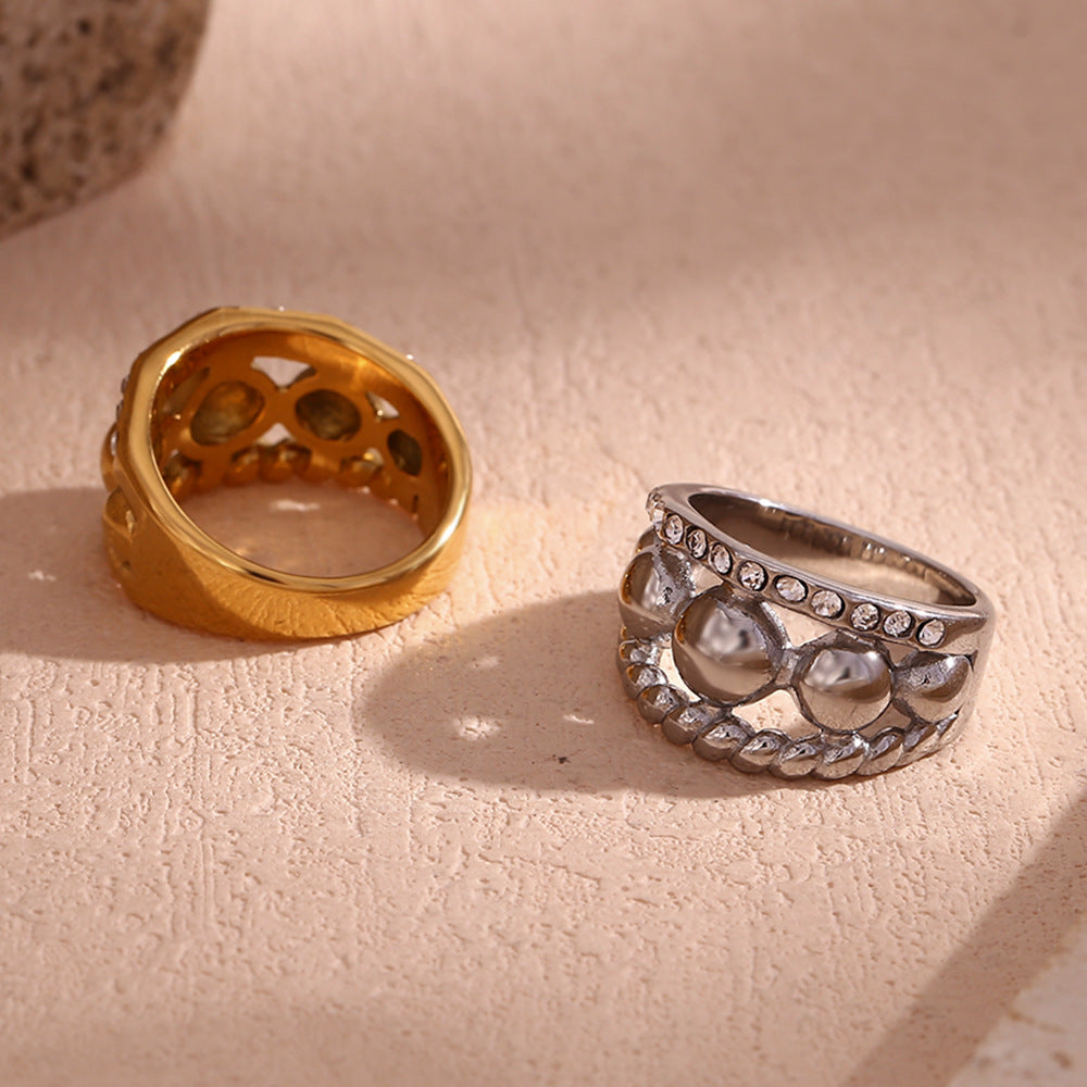 Minimalist Geometric Stainless Steel Ring with 18K Gold Plating and Triple Rhinestone Accents for Women