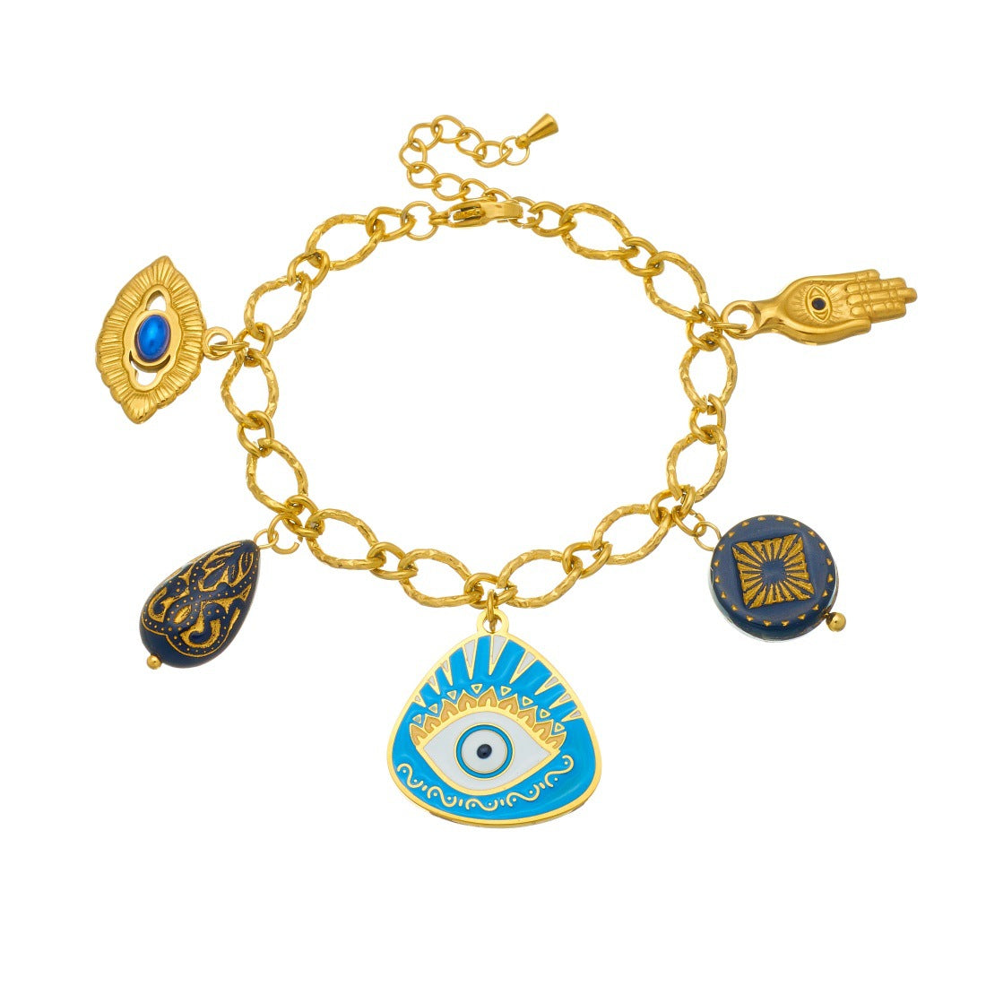 Fashion Geometric Drip Oil Plated Stainless Steel Bracelet with Irregular Blue Eye Palm Pendant for Women