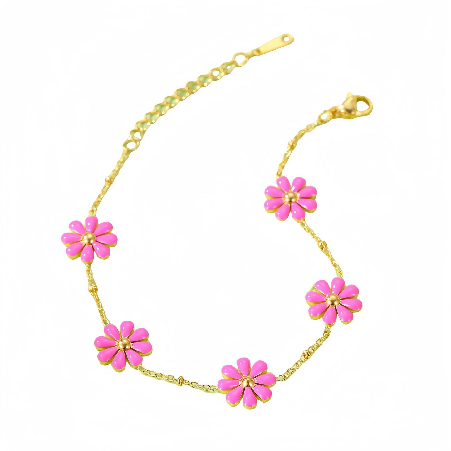 Sweet Minimalist 18K Gold Plated Titanium Steel Daisy Pearl Enamel Bracelet for Women