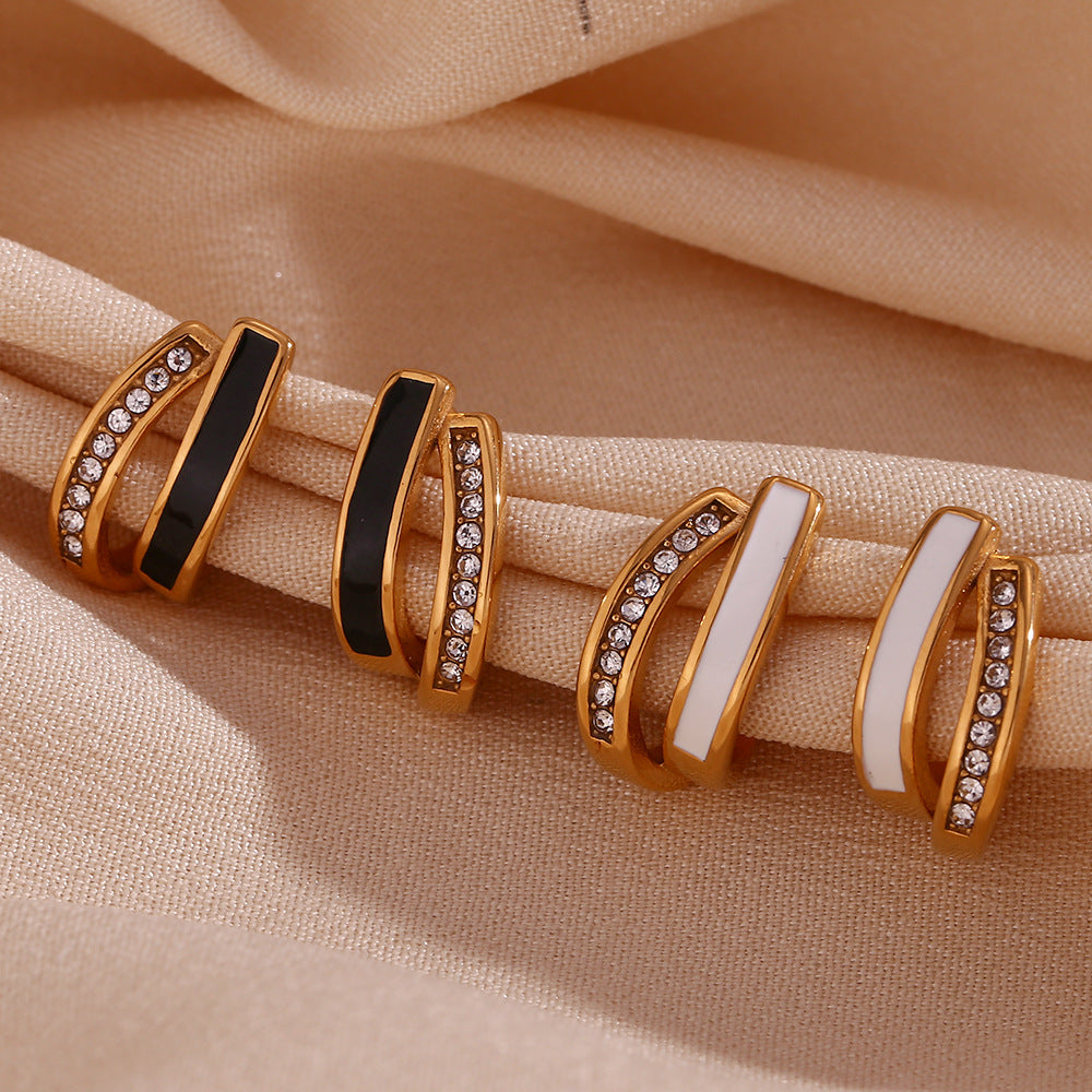 Orecchini Eleganti a U in Acciaio al Titanio con Finitura Geometrica, Placcatura in Oro 18K e Smalto, Stile Ufficio