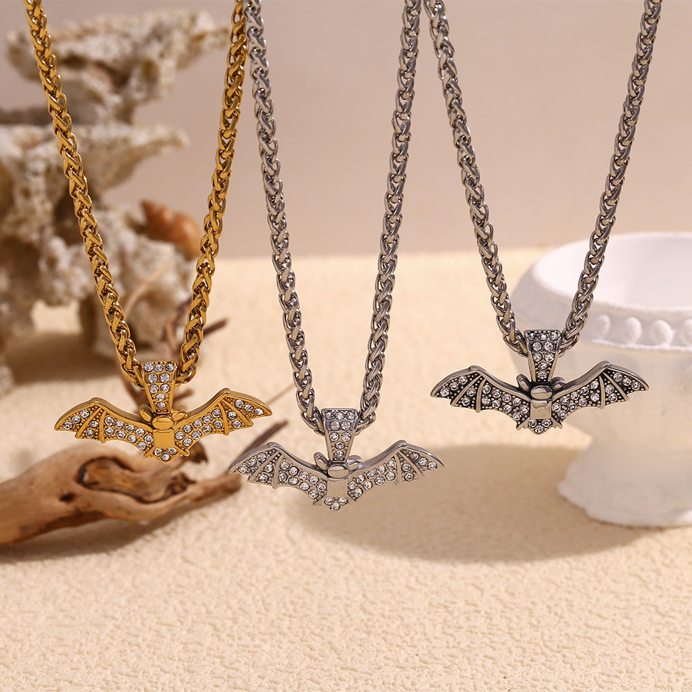 Fashionable Bat-Shaped Pendant Necklace for Women Stainless Steel with 18K Gold Plating and Full Rhinestone Inlay on Standard Chain