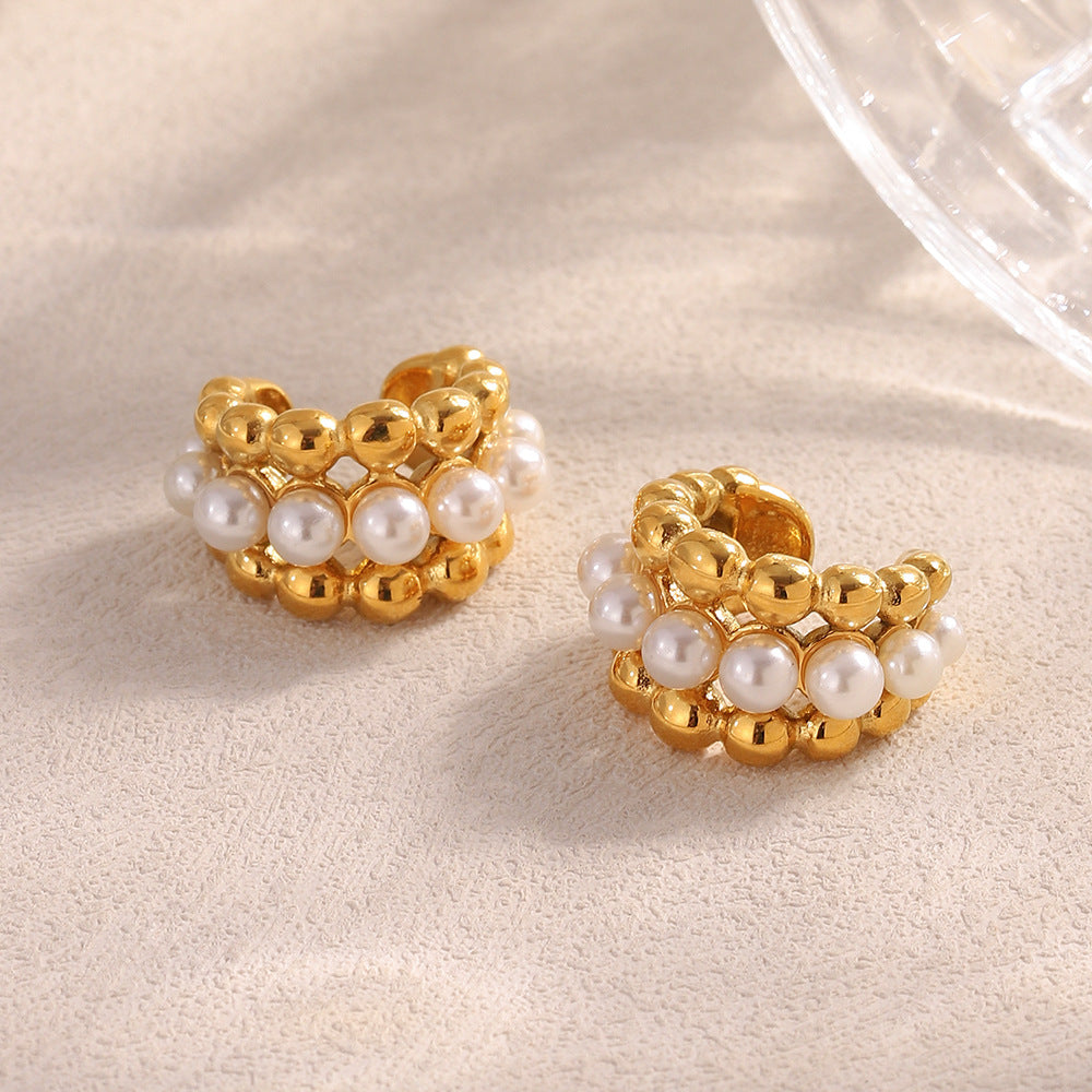 Orecchini a perno geometrici minimalisti in acciaio inossidabile con placcatura in oro 18K e perle finte per donna
