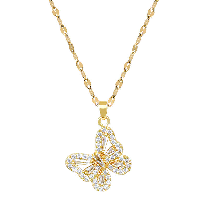 Sweet Minimalist Geometric Butterfly Rhinestone Inlay Titanium Steel Necklace for Unisex