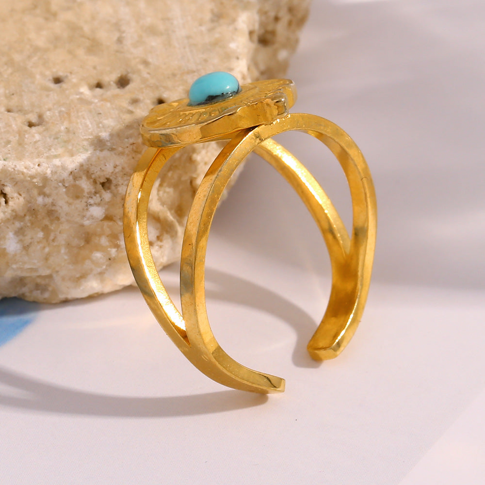 Anello da Donna Aperto a Fascia Stile Retrò Turchese Geometrico in Acciaio Inossidabile Placcato Oro 18K