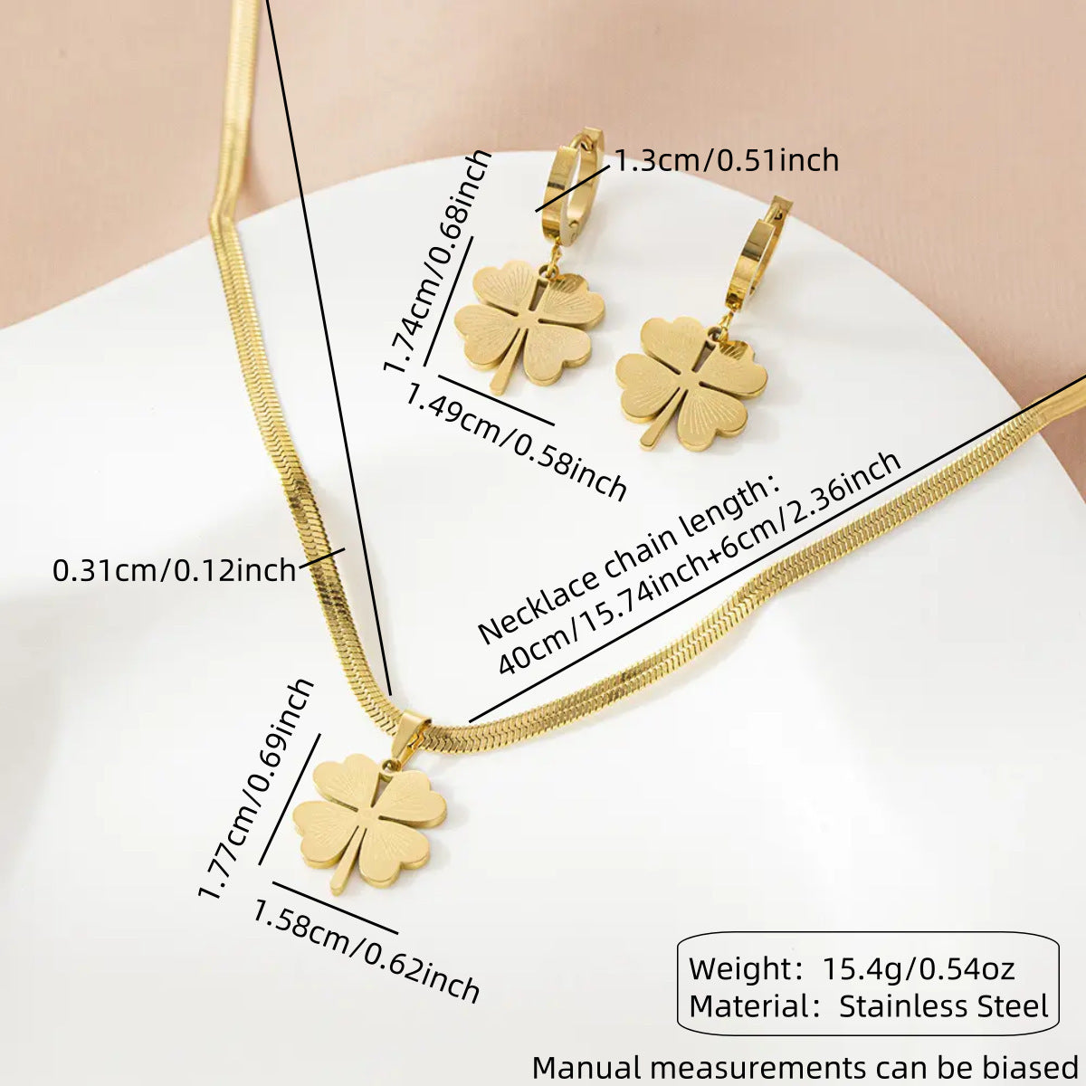 Sweet Geometric Floral Plated Titanium Steel Four-Leaf Clover Necklace and Earring Set for Women