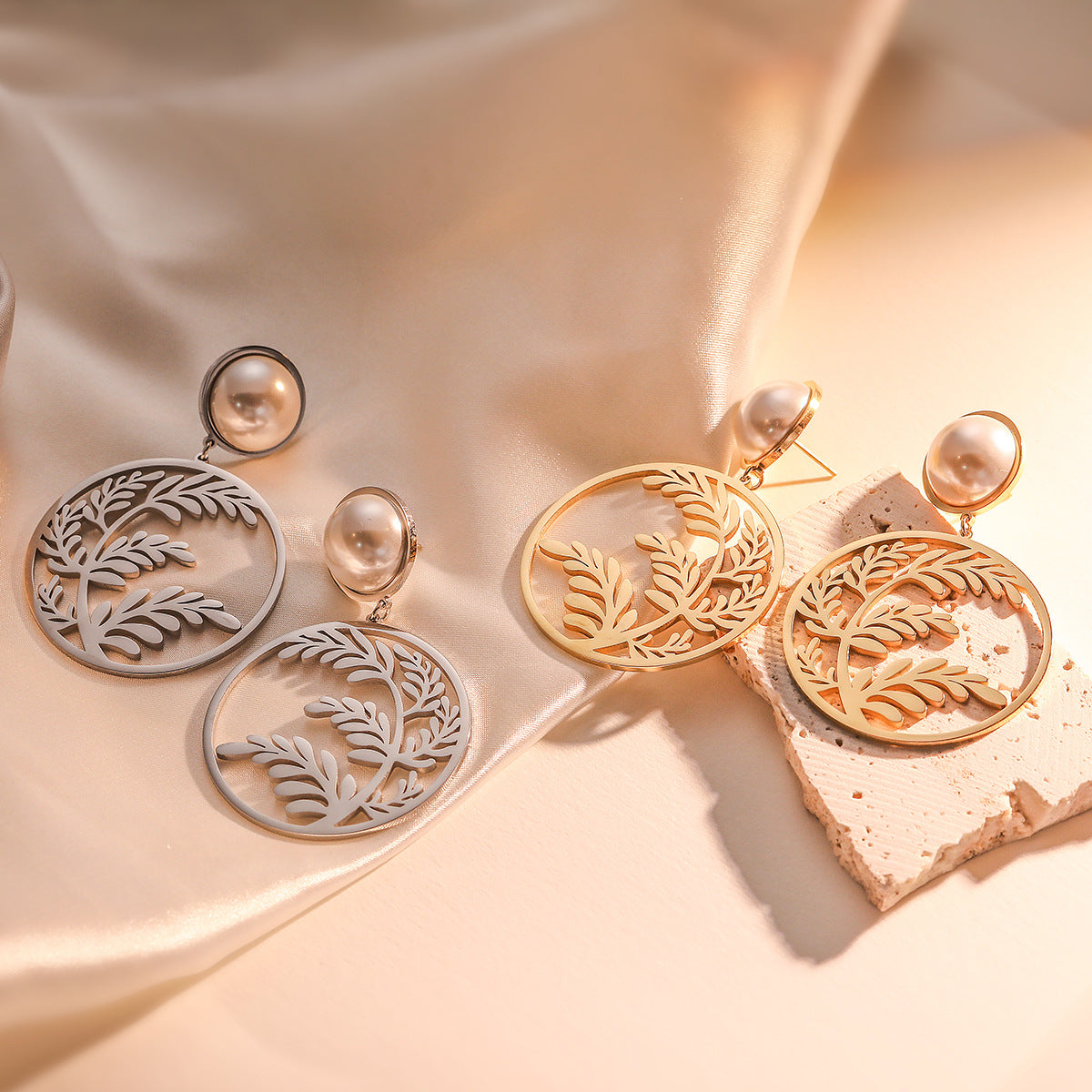 Minimalist Geometric Asymmetrical Leaf-Shaped Titanium Steel Earrings for Women with Real Gold Plating