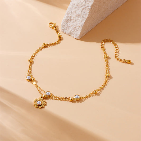 Tobillera de cadena doble con colgante de perlas florales vintage para mujer, tobillera de acero inoxidable chapado