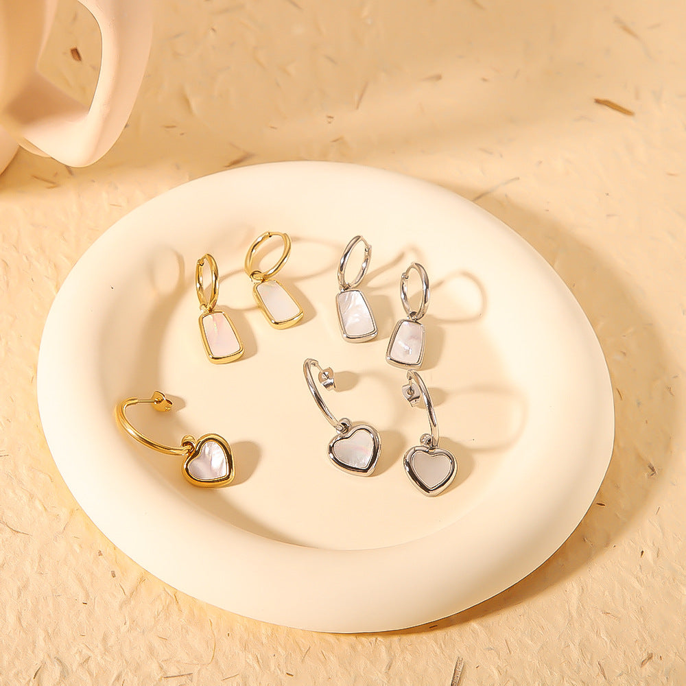 Minimalist Geometric Heart-Shaped Natural White Abalone Pendant Earrings in Stainless Steel with 18K Vacuum Plating