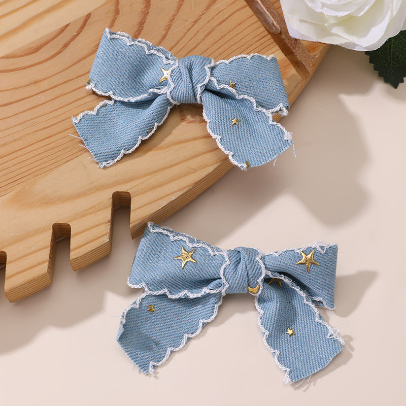 Retro Star Denim Bow Duckbill Hair Clip for Girls with Ruffled and Mesh Details