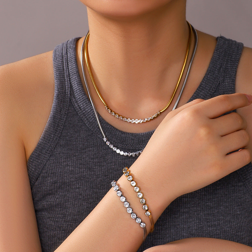 Minimalist Geometric Stainless Steel Snake Chain Necklace with Zircon Inlay for Women