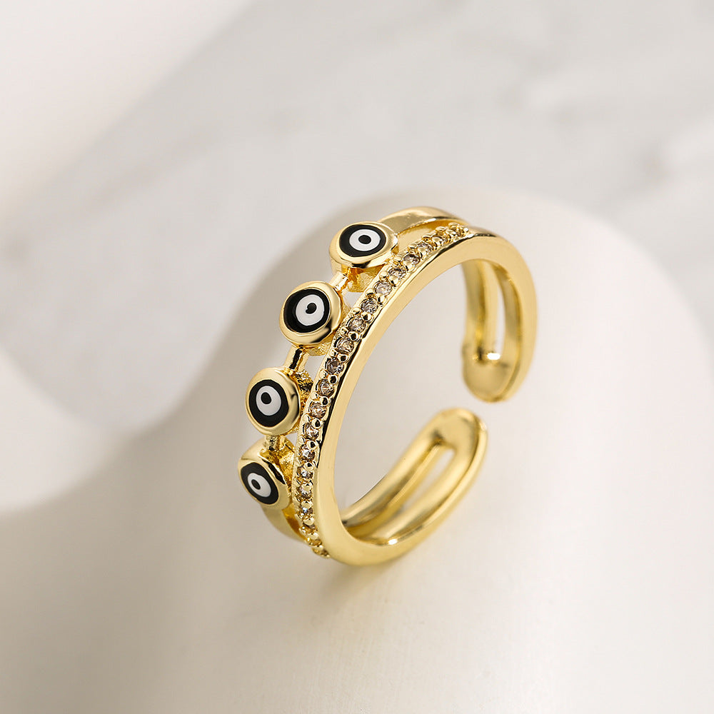 Geometric Open Eye Ring for Women with Copper Base Plated in 18K Gold and Enamel Finish Featuring Evil Eye Design