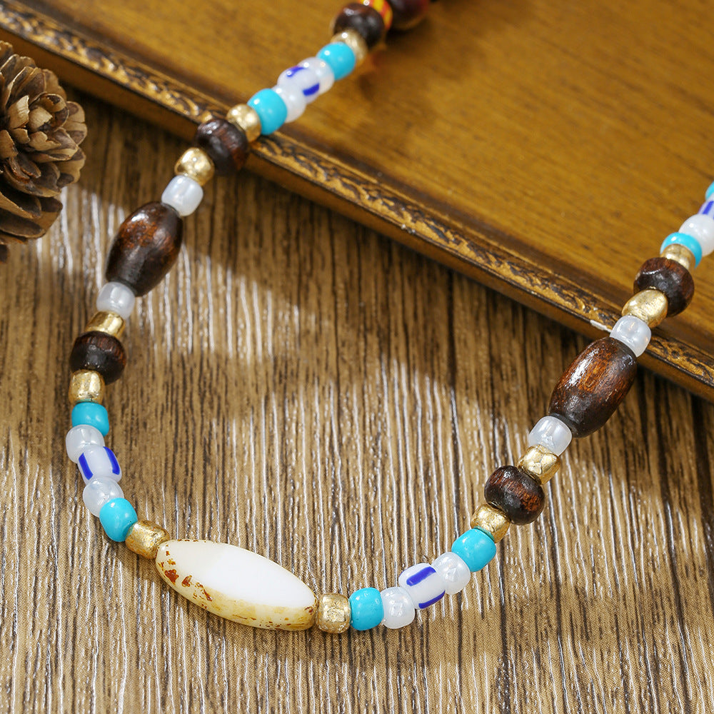 Vintage Sweet Geometric Wood Bead Shell Pendant Necklace Handmade Cable Chain