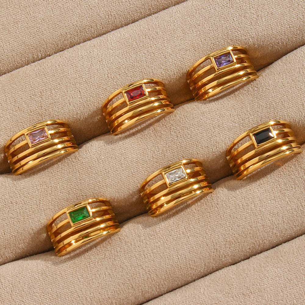 Minimalist Geometric Stainless Steel Ring with 18K Gold Plating and Hollow-Out Design Set with Zircon Inlays