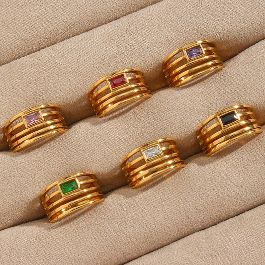 Minimalist Geometric Stainless Steel Ring with 18K Gold Plating and Hollow-Out Design Set with Zircon Inlays