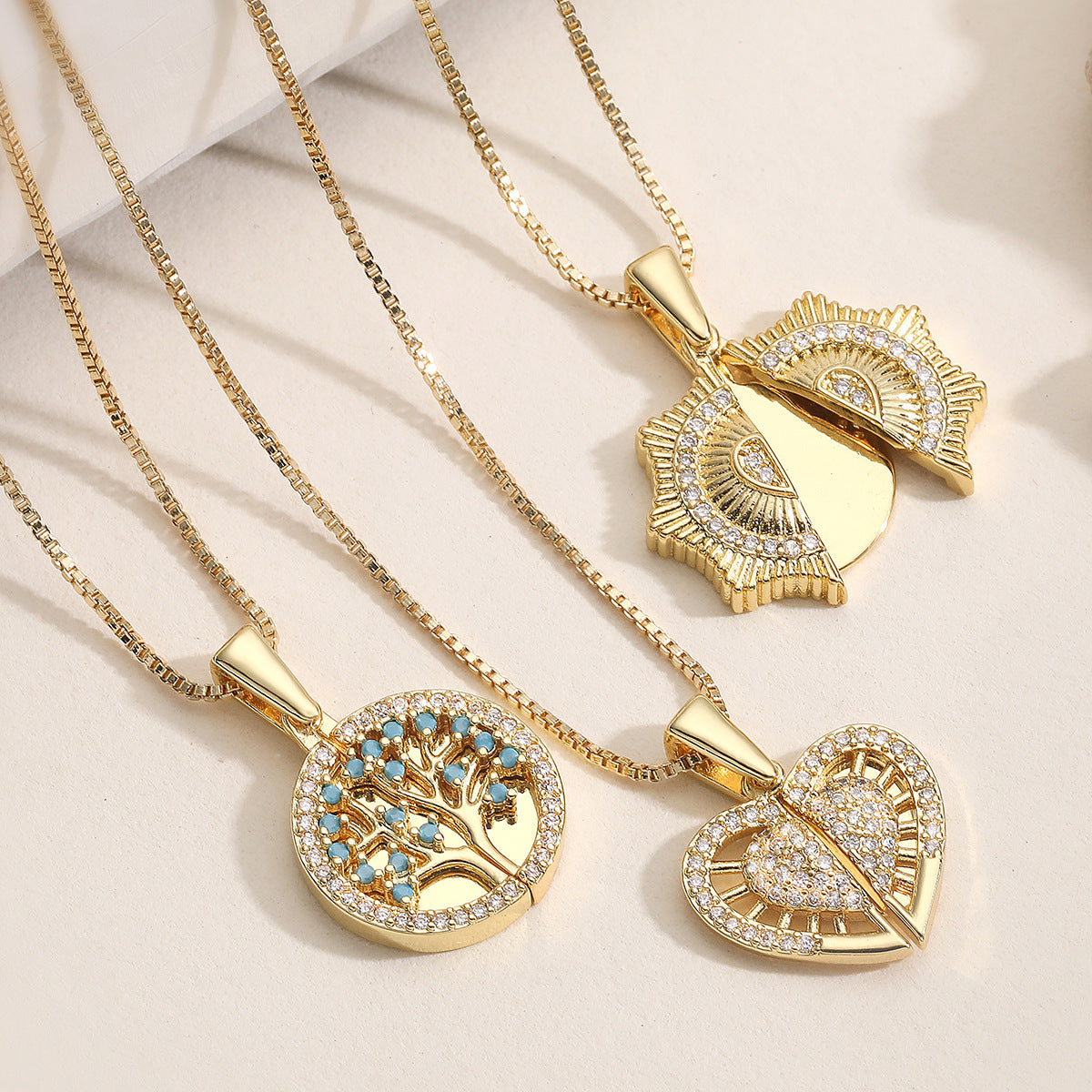Minimalist Elegant 18K Gold Plated Brass Cubic Zirconia Heart Tree of Life Pendant Necklace