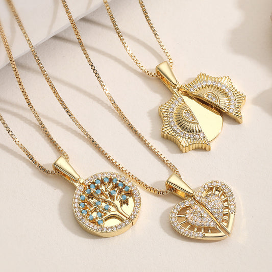 Minimalist Elegant 18K Gold Plated Brass Cubic Zirconia Heart Tree of Life Pendant Necklace
