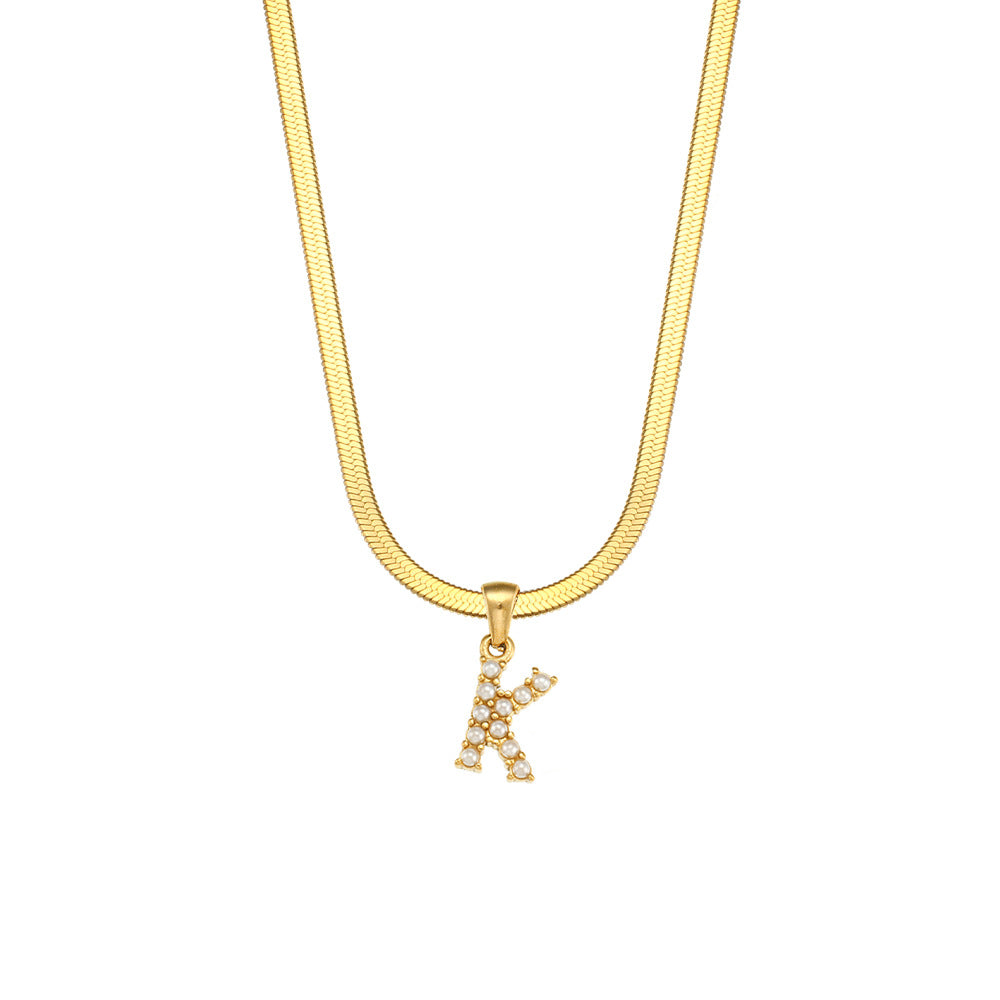 Fashionable Letter Pendant Necklace for Women Stainless Steel Plated 18K Gold Flat Snake Chain with Pearl Accent