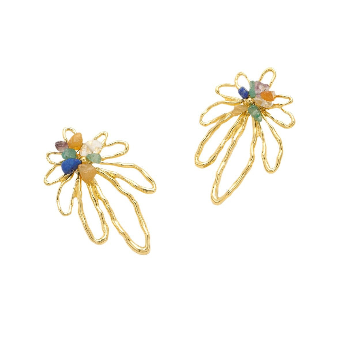 Aretes de aro de acero inoxidable con forma floral estilo vintage con incrustaciones de piedra natural y acabado chapado