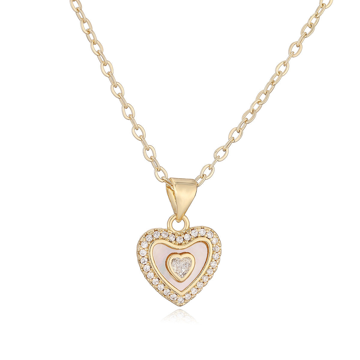 Minimalist 18K Gold Plated Brass Heart Pendant Necklace with Cubic Zirconia for Women
