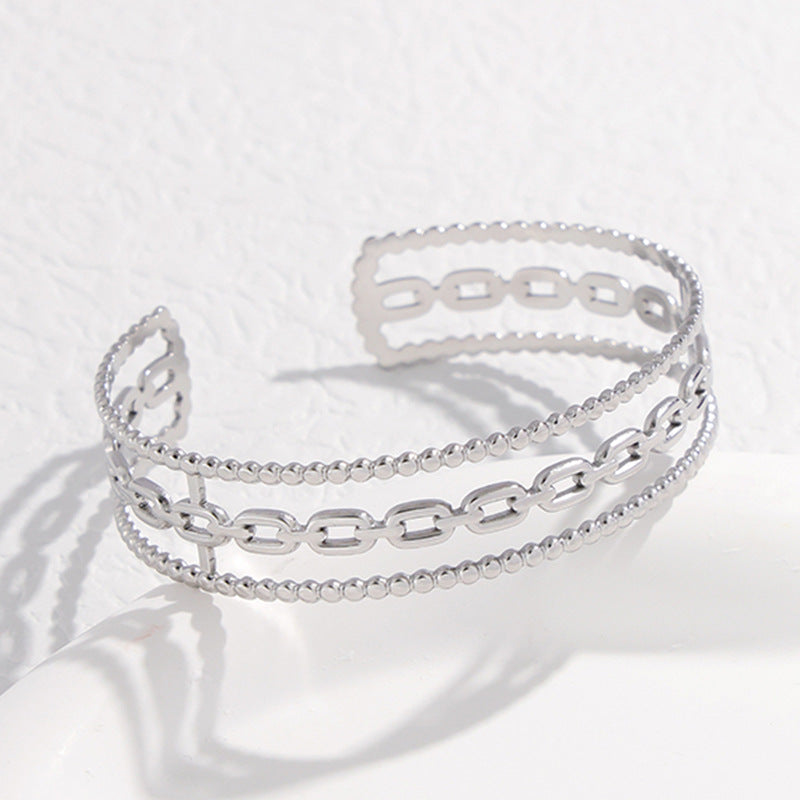 Adjustable Titanium Steel Bracelet for Women with Geometric Line Design Electroplated Finish Statement Cuff