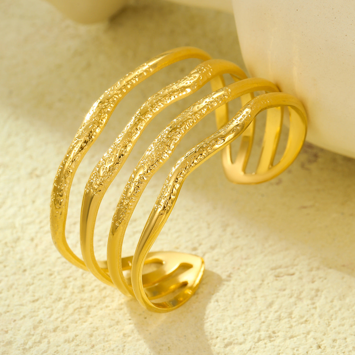 Vintage French Style Geometric Textured Stainless Steel Wide Cuff Bracelet with Hammered Finish for Women