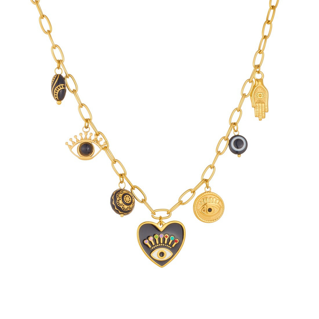 Gothic Drip Oil Plated Stainless Steel Heart and Round Eye Palm Pendant Jewelry Set with Curb Chain