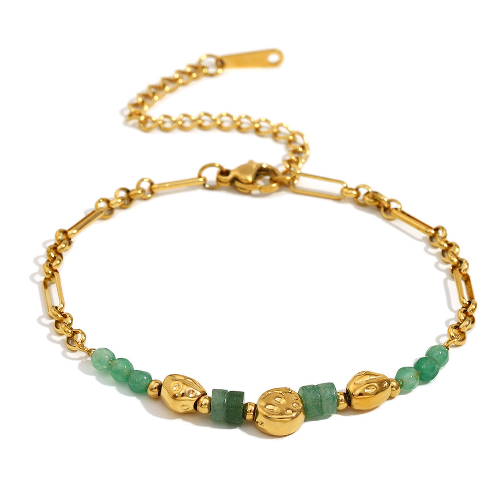 Vintage-Inspired Geometric Stainless Steel Plated with 18K Gold Hand Pendant Bracelet Featuring Natural Stone and Palm-Shaped Coin Charm