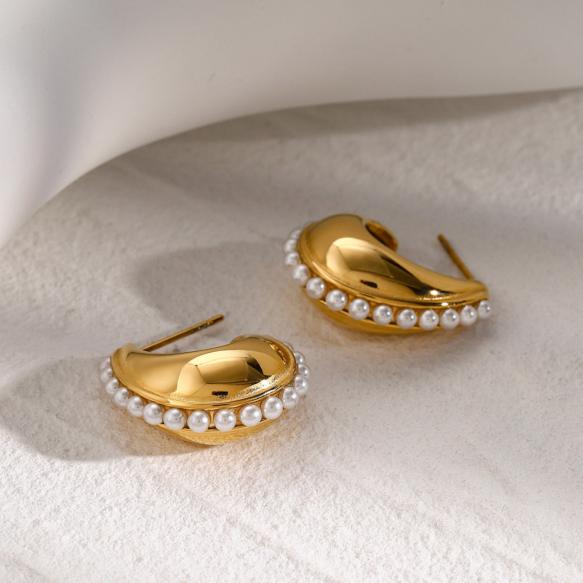 Minimalist Geometric C-Shaped Hollow-Out Rhinestone-Embellished 18K Gold Plated Stainless Steel Earrings for Women