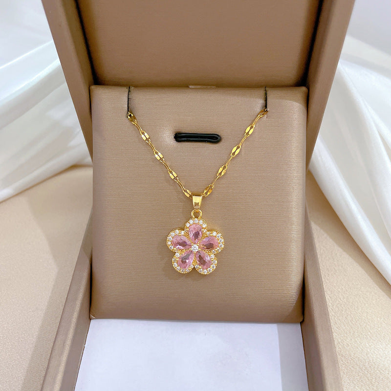 Four-Leaf Clover Rhinestone Pendant Necklace for Women Titanium Steel Irregular Chain Shell Locket Floral Style