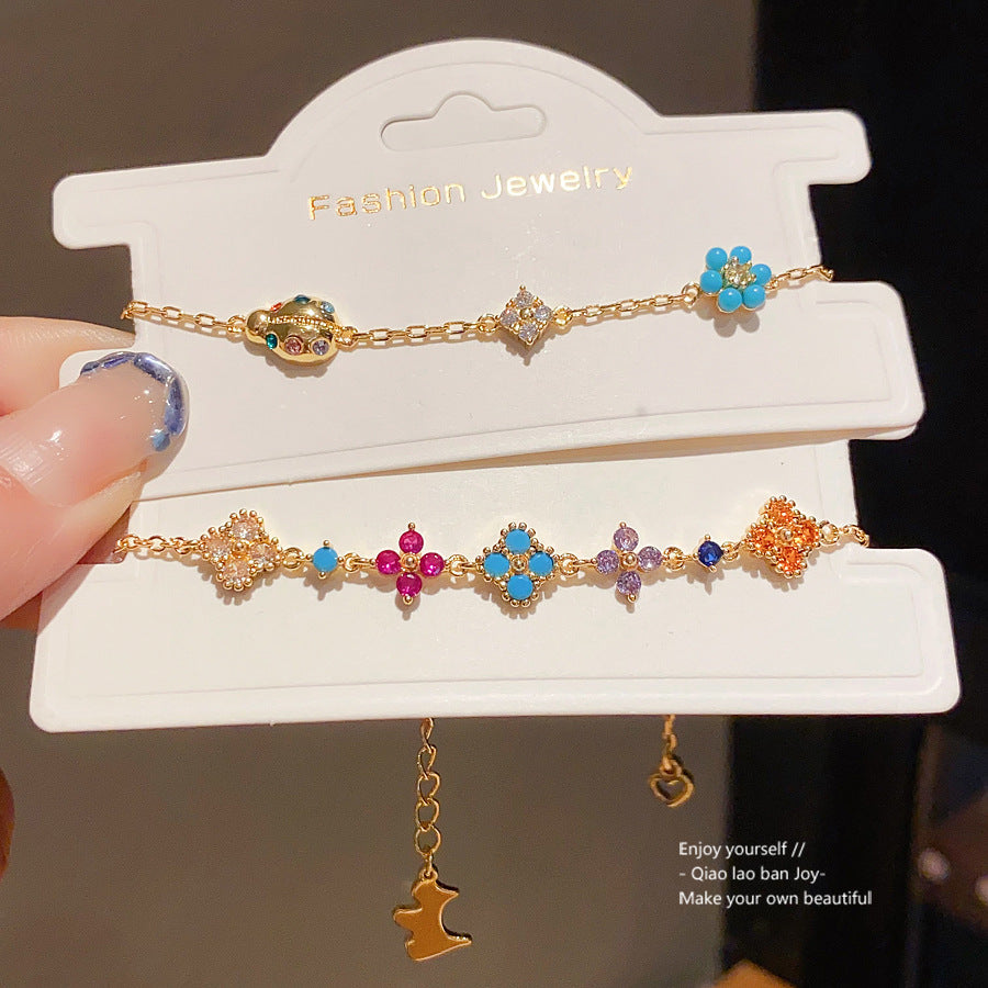 Sweet Minimalist 18K Gold Plated Brass Floral Cubic Zirconia Bracelet for Women