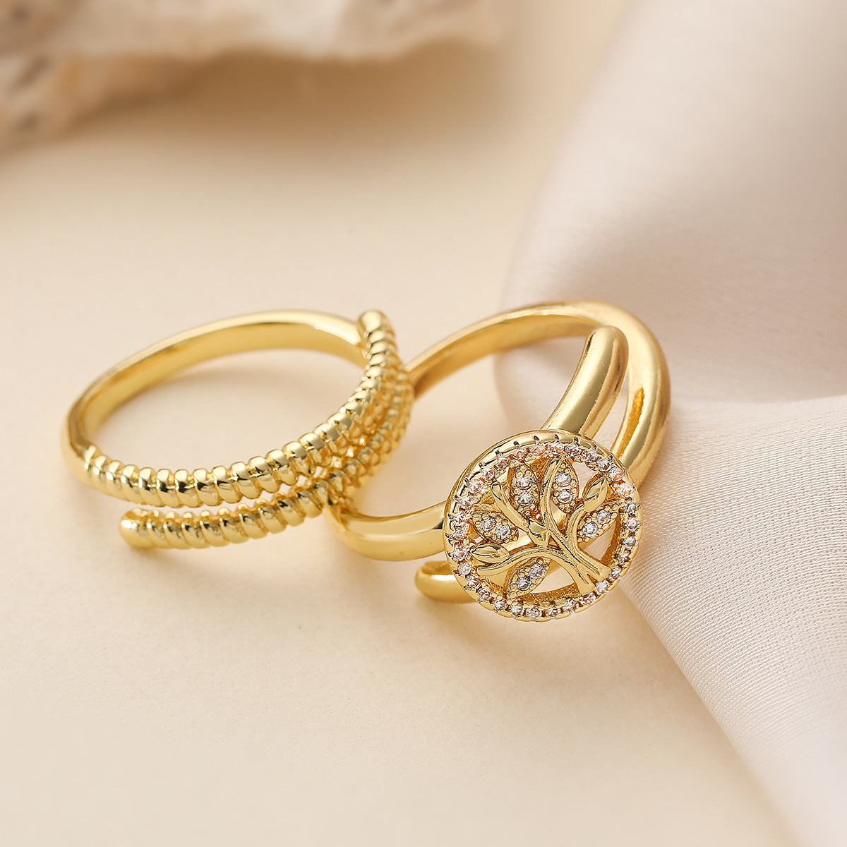 Minimalist Gold Plated Brass Geometric Ring with Cubic Zirconia Evil Eye and Tree of Life Design for Women