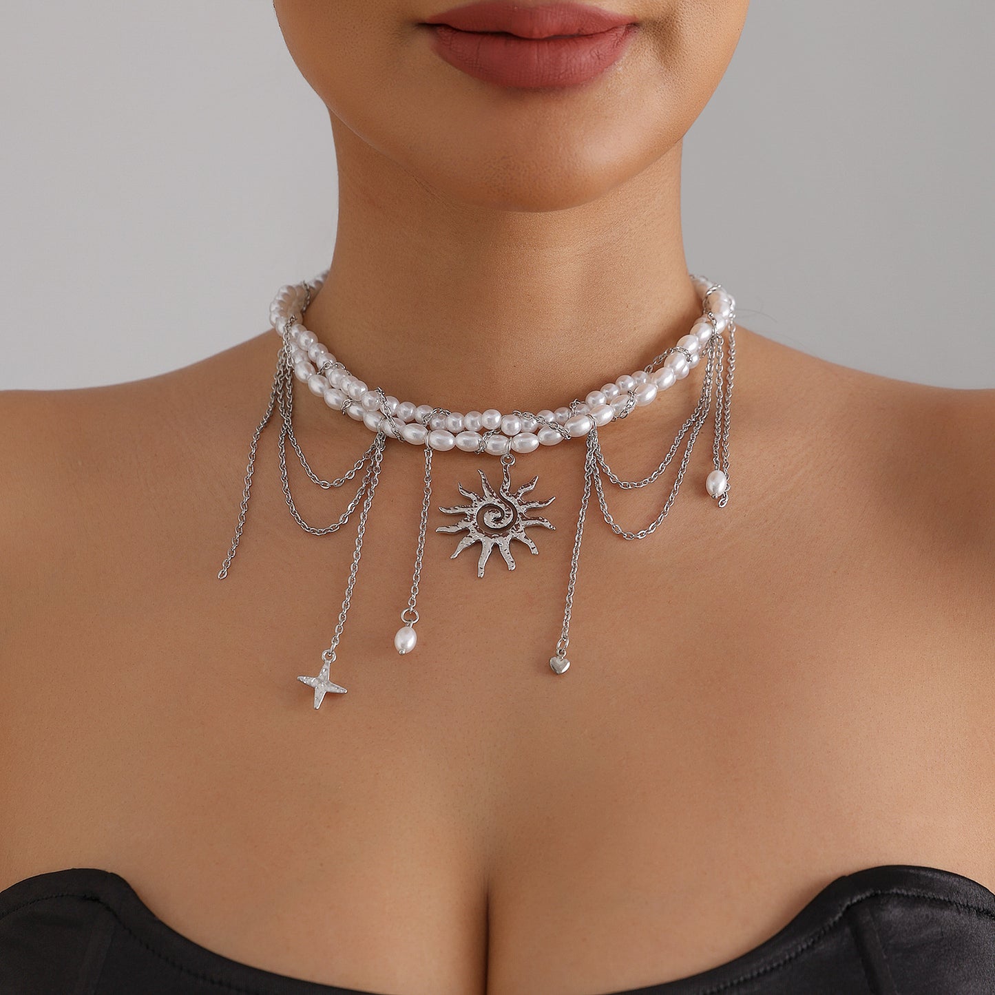 Elegant Geometric Sunflower Star Heart Tassel Pendant Necklace Alloy Plated Multi-Layer Cable Chain for Women