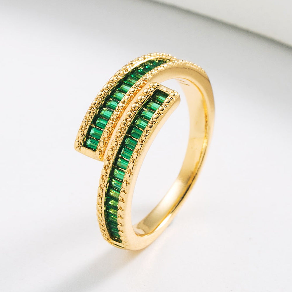 Anello Aperto Geometrico Minimalista in Rame con Placcatura Oro 18K e Intarsio Zirconi per Donna