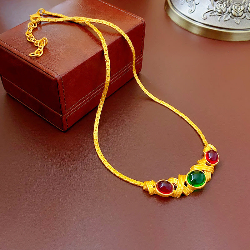 Vintage Geometric Floral Glass Pendant Necklace for Women with Rhinestone Inlay and Gold-Plated Alloy Chain
