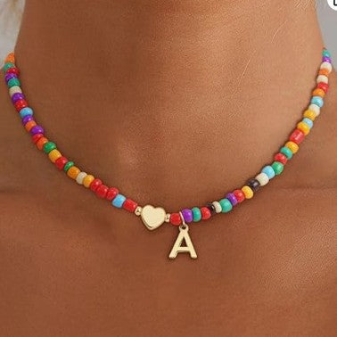 Collana Unisex Casual Placcata Oro 14K con Ciondolo a Cuore Lettera e Perline in Acciaio Inossidabile