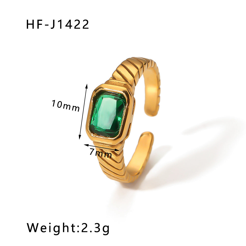 Anello vintage verde smeraldo con motivo geometrico da donna, con fascia in acciaio inossidabile placcato in oro 18 carati e intarsio in zircone