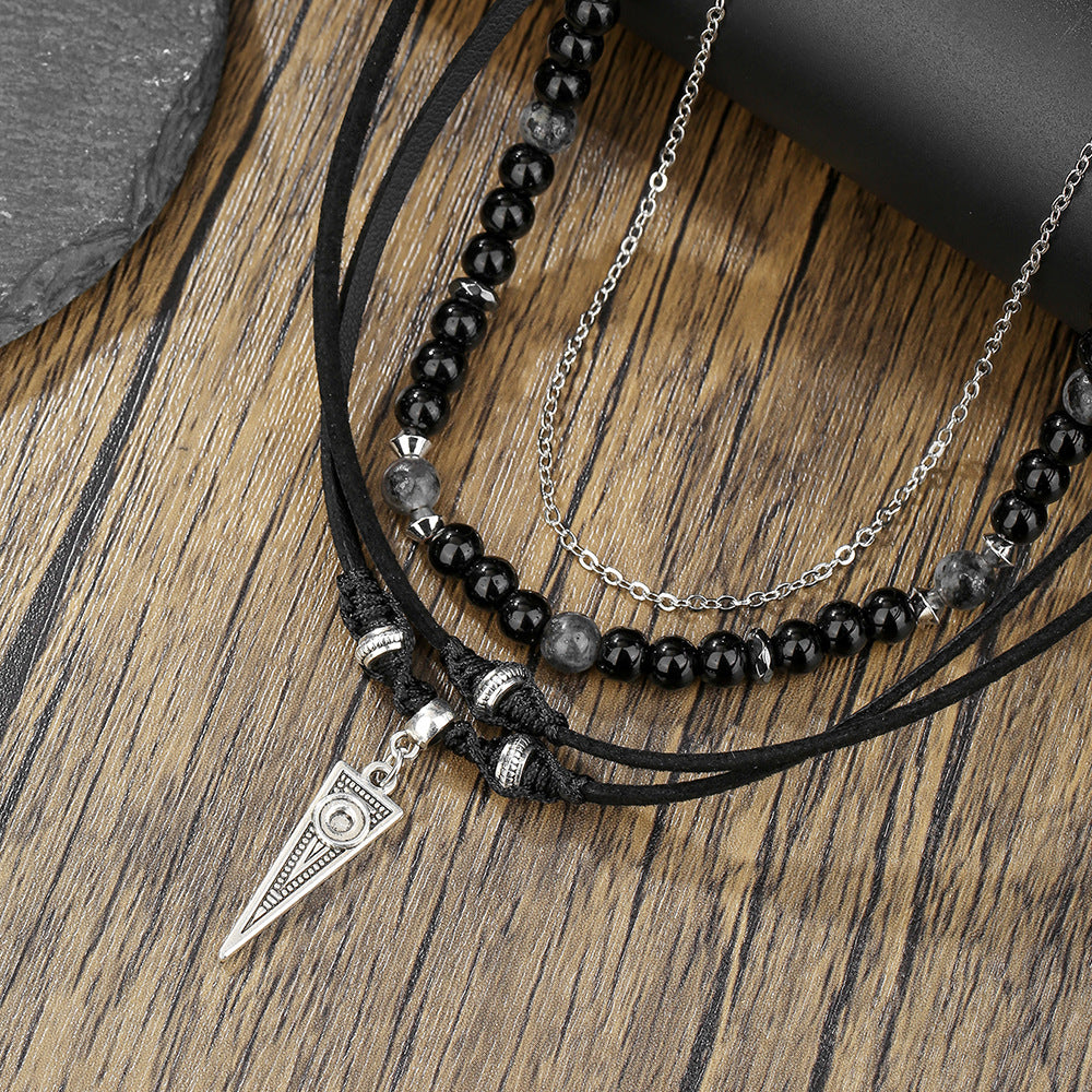 Vintage Ethnic Men's Multi-Layer Leather Necklace with Triangle Geometric Alloy Pendant and Black Agate Beads