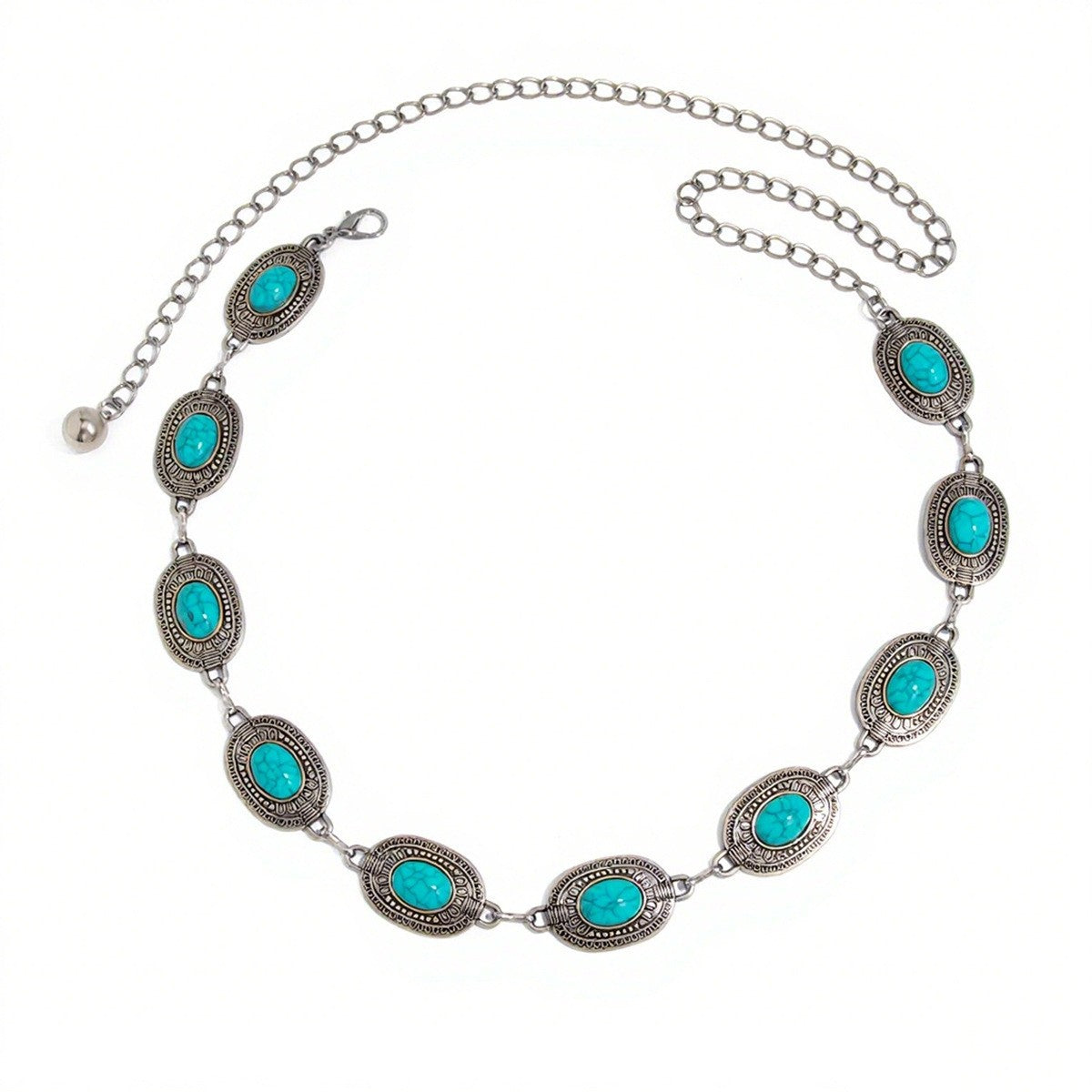 Bohemian Style Turquoise-Inspired Waist Chain for Women with Geometric Pendant, Tassel Accent, and Lobster Clasp