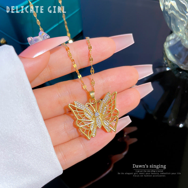 Handcrafted Titanium Steel Hollow Butterfly Pendant Necklace for Women with Micro Gold Inlay, Delicate Clavicle Chain Jewelry