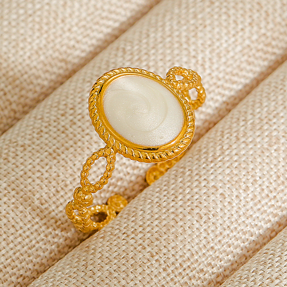 Vintage INS Style Stainless Steel Adjustable Ring with Natural Stone Inlay in Geometric Heart Zodiac and Animal Shapes