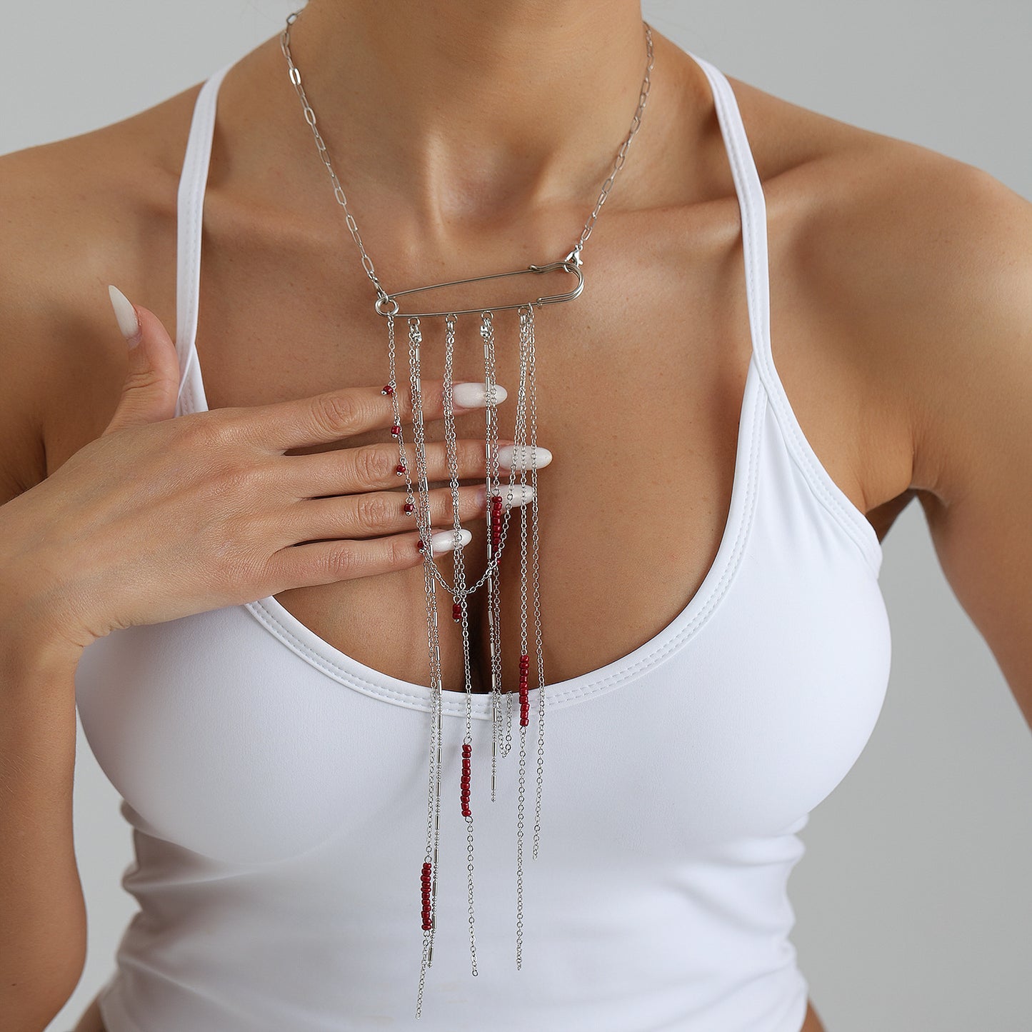 Casual Geometric Alloy Plated Necklace with Red Bead and Tassel for Women