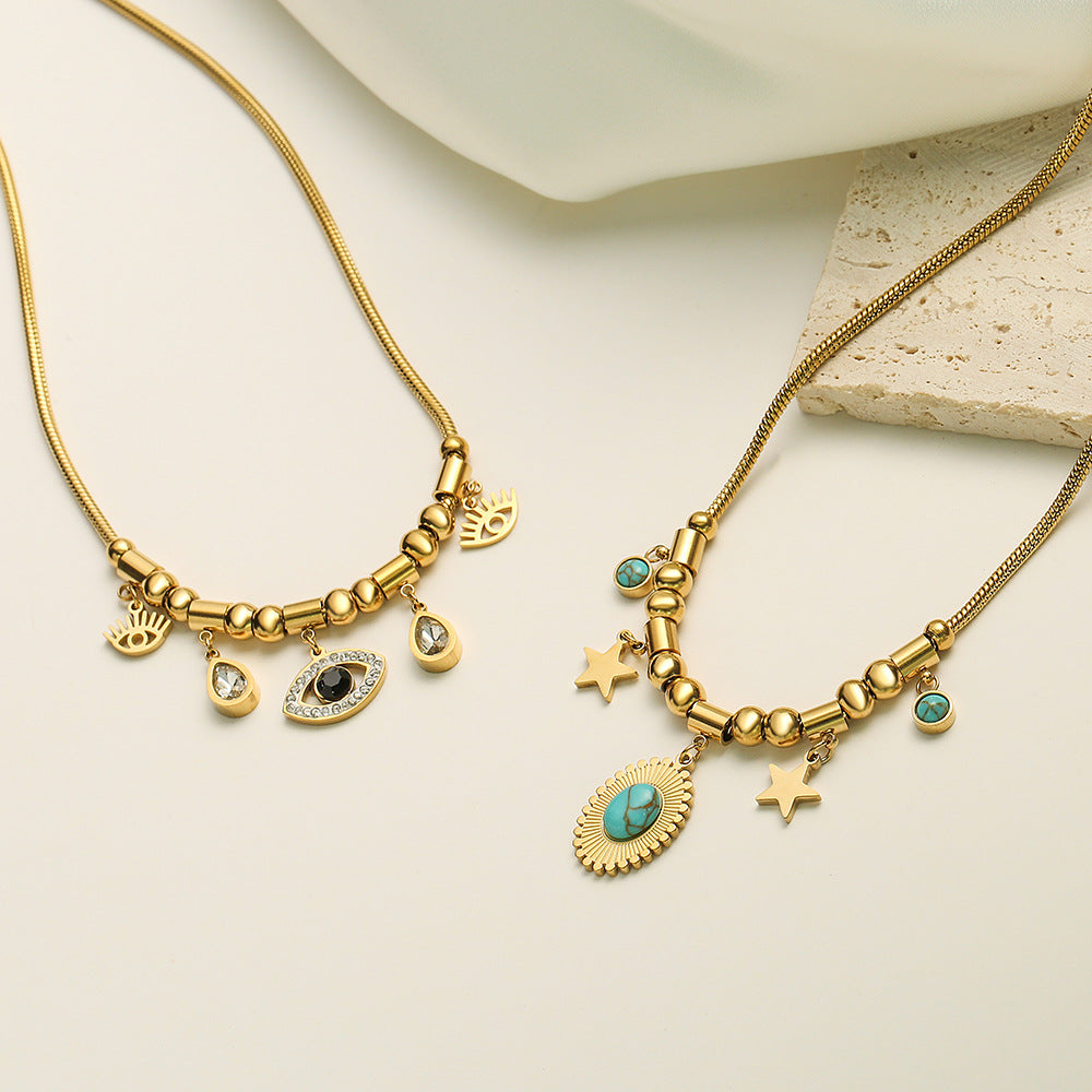 Collar con colgante geométrico minimalista turquesa para mujer con cadena de acero de titanio chapado en oro