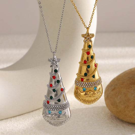 Minimalist Geometric Stainless Steel Plated 18K Gold Christmas Hat Rhinestone Pendant Necklace for Women