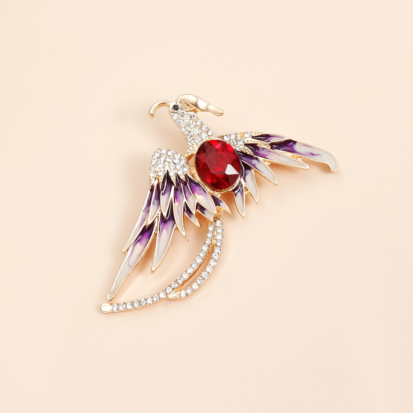 Broche de aleación geométrico estilo OL de moda con incrustaciones de esmalte y pedrería, diseño de pájaro rubí rojo para mujer